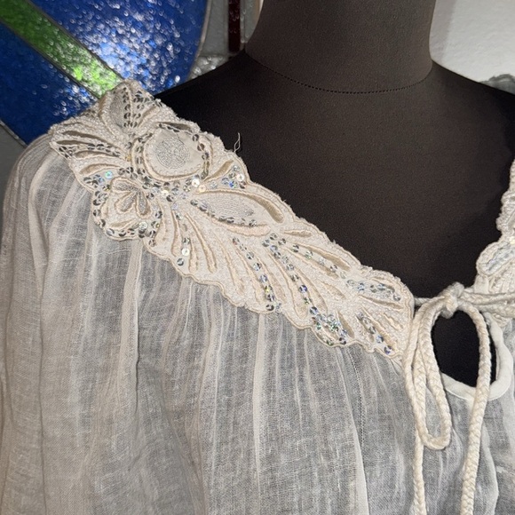 Calypso St. Barth Beaded Neckline Semi Sheer Gauzy Cotton Cropped Blouse - Picture 2 of 10